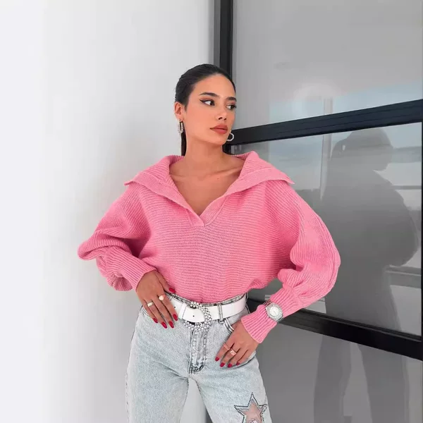 Amazon 2026 European and American cross-border autumn and winter hot-selling casual loose lantern sleeve open-neck pullover women's short sweater