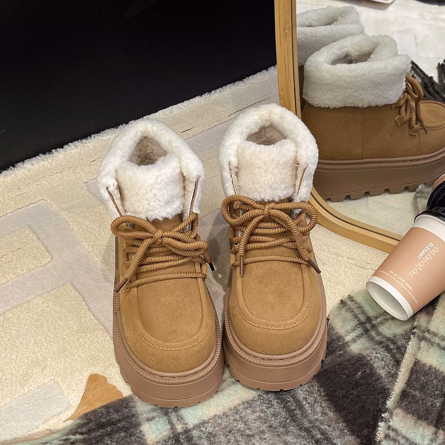 Увеличение 7 см теплая и бархатная снегоступы женские 2024 новые толстые подошвы увеличенные меховые сапоги дикие хлопчатобумажные туфли