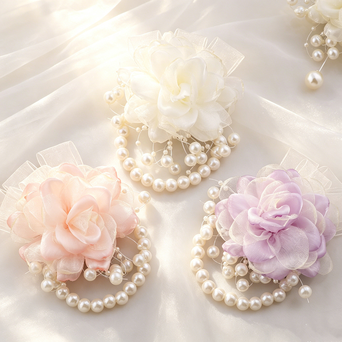 Romantic milky white tulle rose wrist corsage for weddings, brides and grooms, bridesmaids wrist corsage, wholesale available, T5525D
