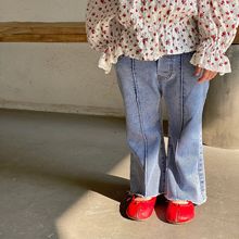 韓國童裝2022春款新款中童女童牛仔褲藍色直筒褲彈力休閑褲潮范