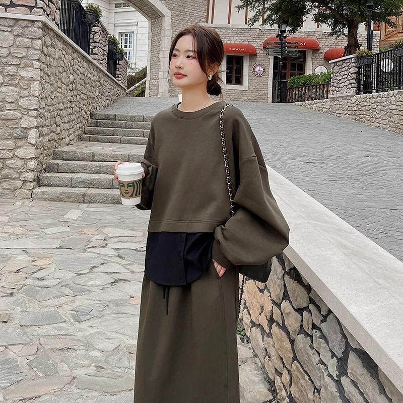 大码假两件卫衣半身裙两件套女春秋新款时尚胖MM宽松减龄漂亮套装|undefined