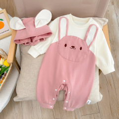 Baby Autumn Clothes 2024 New Pure Cotton Onesie for Girls, Long Sleeve Outfit, Cute Rabbit, 100th Day Outfit