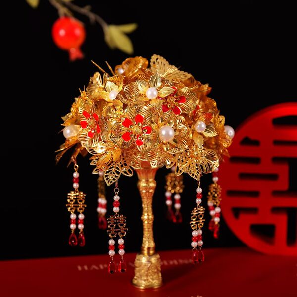 New Style Golden Fresh Flower Bouquet Material Kit for Chinese Wedding Bride's Xiuhe Dress Scepter, Gift for Best Friend's Wedding