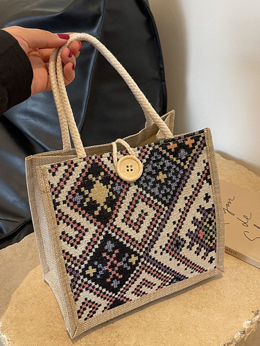 Ethnic style canvas bag for women summer new fashion outing portable linen lunch box lunch bag hand carrying mommy bag