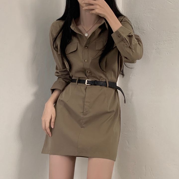 한국 시크2026 봄 여름 신상 레트로 스타일 레이스업 허리라인 업홀더드레스 워크웨어 스타일 긴팔 원피스 숏스커트