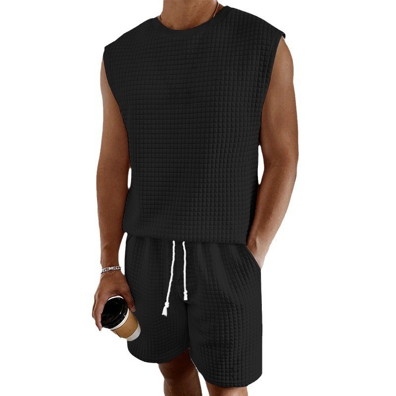 Men's Sports Suit For Summer Leisure Small Checkered Sleeveless Vest And Shorts Set New_voghion.com