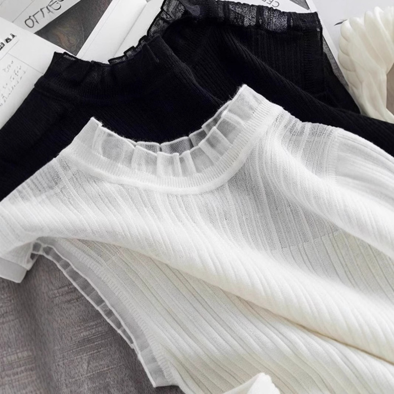 Mesh Half-turtleneck Knitted Camisole Women's Inner Base Shirt Sleeveless Short Top Outer Lace Sweater