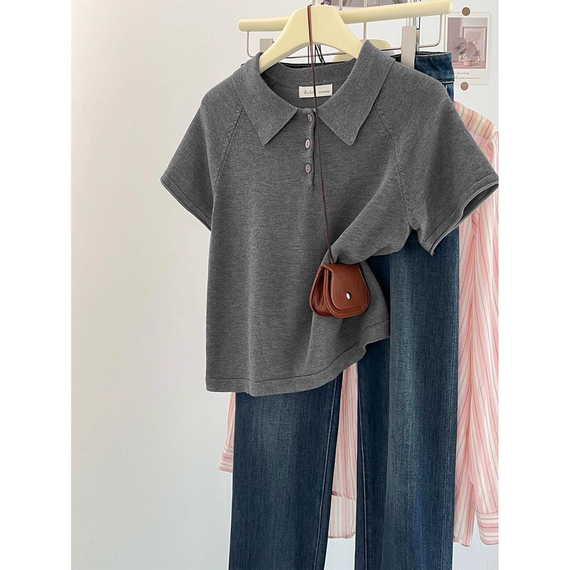 Summer High-End Polo Lapel Knitted Short-Sleeved T-Shirt for Women Korean Style Right Shoulder Slim Short Top Bottoming Shirt