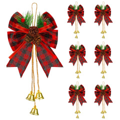 6つのクリスマスの蝶結びの赤いビロードの松の針の鈴のクリスマスの花輪の装飾のキッチンキャビネットの木の工芸DIY