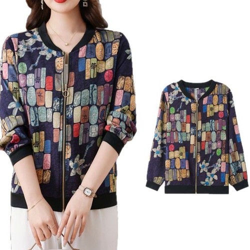 Ice Silk Chiffon Shirt, Fashionable New Chinese Style Summer Large Size Sun Protection Jacket with Print Zipper Short Coat for Middle-Aged Mothers