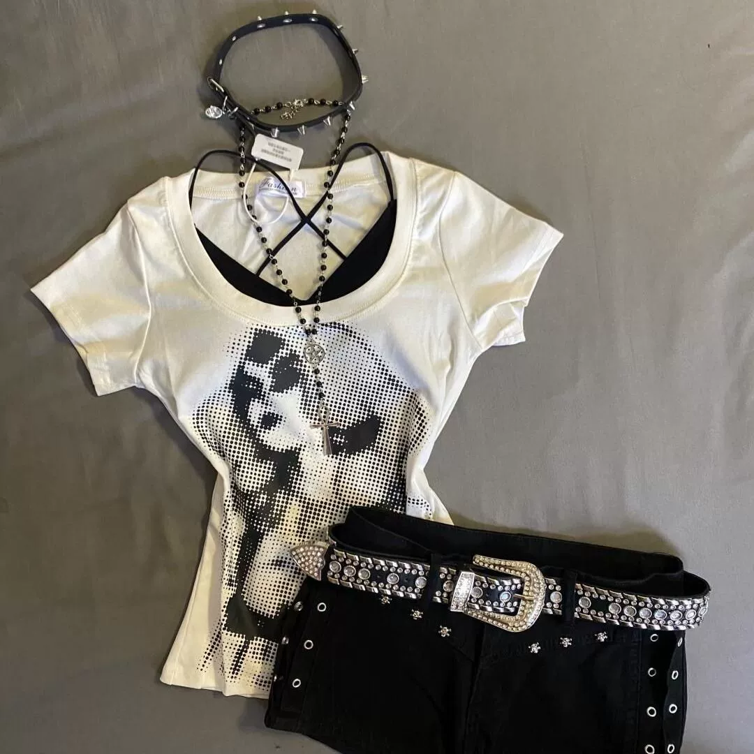 Американская винтажная футболка с короткими рукавами с принтом женская летняя девушка Y2K