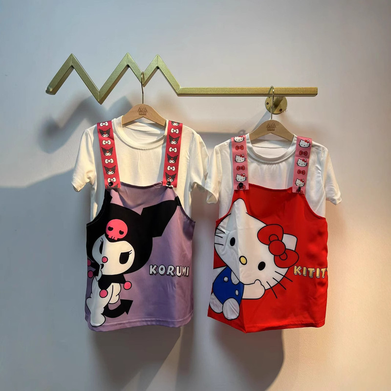 Girls' Summer Short-sleeved T-shirt New Children's Cute Cartoon Kulomi Purple Two-piece Western Style dress Mori