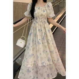 法式温柔仙碎花连衣裙女夏季胖妹妹大码收腰显瘦过膝中长裙子