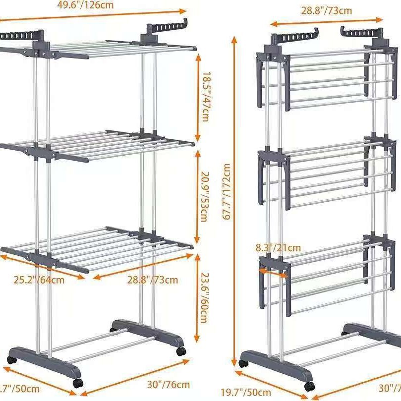 Rack de toallas con base plegable de doble columna rack de secado de ropa móvil interior y exterior rack de secado de ropa multifuncional de tres capas