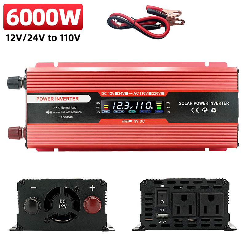 Inversor de Corriente para Automóvil con Pantalla LCD Digital Transfronteriza, Estándar Estadounidense, Amazon, Doble Voltaje de 12-24v a 110v, Alta Potencia de 6000W