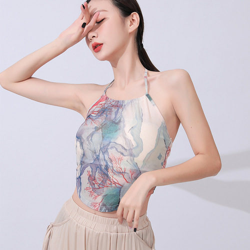  Summer Backless Strap Hollow Printed Vest Dance Suit Drawstring Elegant Modern Dance Performance Suit