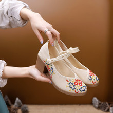 古风汉服鞋高跟坡跟粗跟底绣花单鞋民族风内增高古装女鞋春秋新款