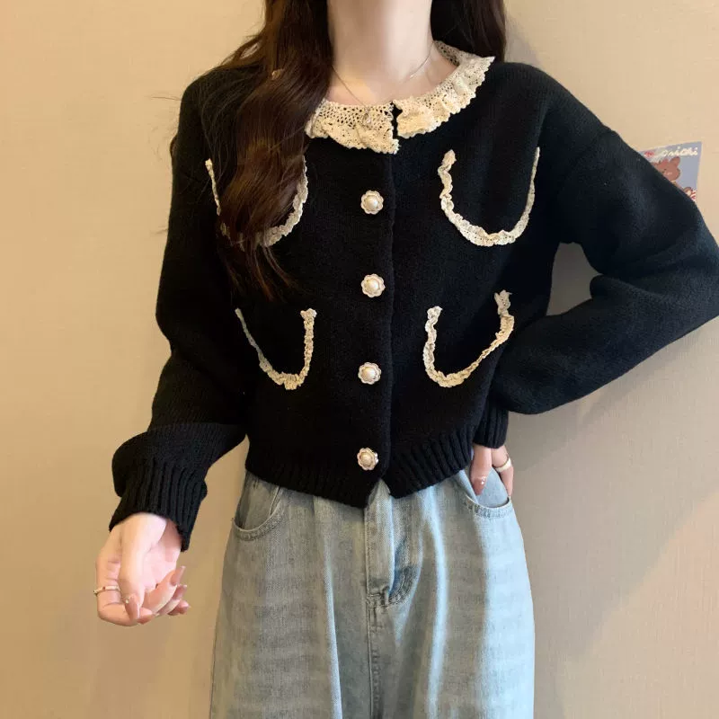 Вязаный oversize кардиган, женский свитер с кружевной оторочкой фуксия, осенний