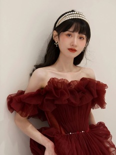 Toast Wear 2025 Summer New One Shoulder Fairy Red Wedding Heavy Industry Annual Meeting Evening Dress Dropshipping