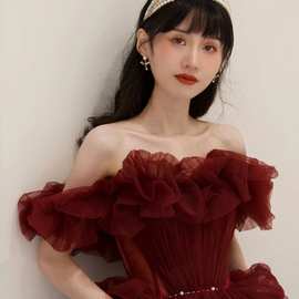 敬酒服2026春季新款一字肩仙气红色结婚重工年会晚礼服一件代发