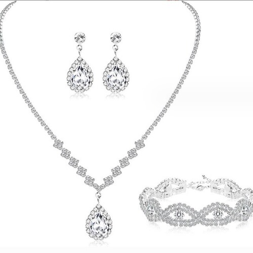 Bridesmaid Prom Costume Rhinestone Jewelry Set Bride Wedding Metal Zircon Water Drop Wave Necklace Earrings Bracelet