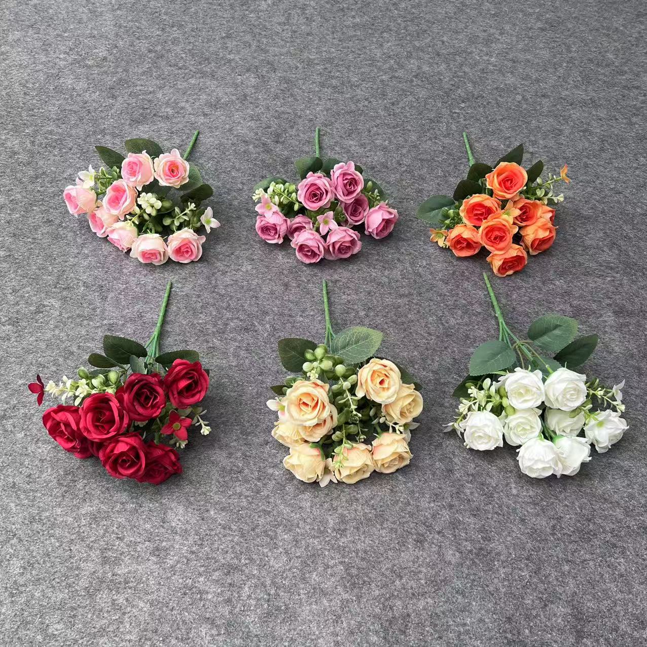 Ramo de Rosas Artificiales de 5 Ramas y 8 Cabezas de Seda para Bodas