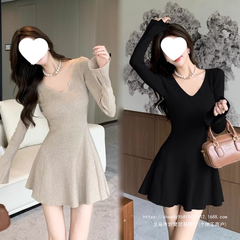 French-style elegant bell-sleeve long dress, 2026 winter new model, slim-fit and flattering, simple dress for layering French-style elegant bell-sleeve long dress, 2026 winter new model, slim-fit and flattering, simple dress for layering