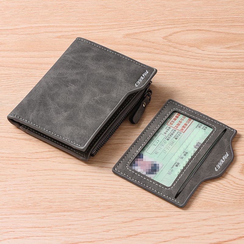Cartera de hombre corta multi-tarjeta función delgada cartera de cuero suave retro esmerilado cremallera bolsa de cambio bolso de tarjeta de licencia de conducir