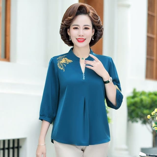 2024年新款妈妈女装刺绣仿真丝T恤夏季中老年时尚七分袖打底小衫