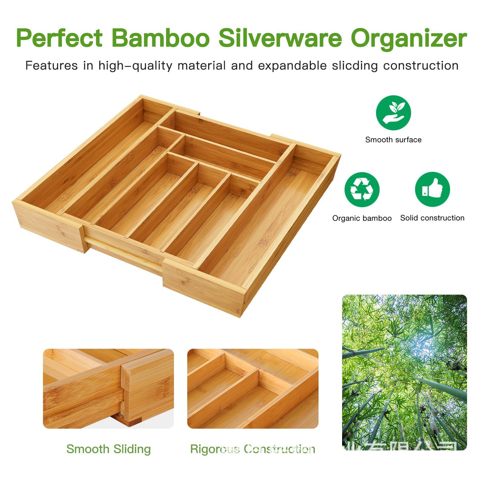 Caja de almacenamiento de cuchillos de bambú Caja de acabado dividida de cuchillo y tenedor retráctil de cocina Caja de almacenamiento de vajilla tipo cajón de cocina