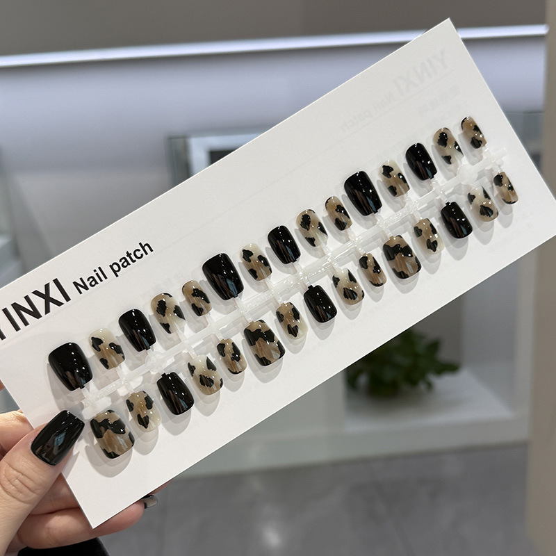 预制款晕染豹纹穿戴美甲短方秋冬新款欧美纯欲风可拆卸假甲片批发|undefined
