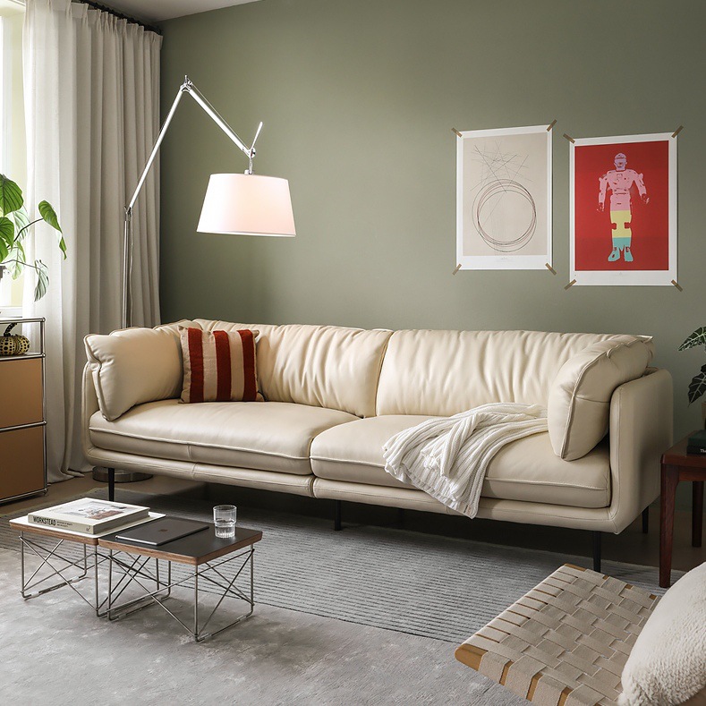 Genuine Leather Sofa Italian Minimalist Retro Style Living Room Black First Layer Cowhide High-Legged down Straight Sofa