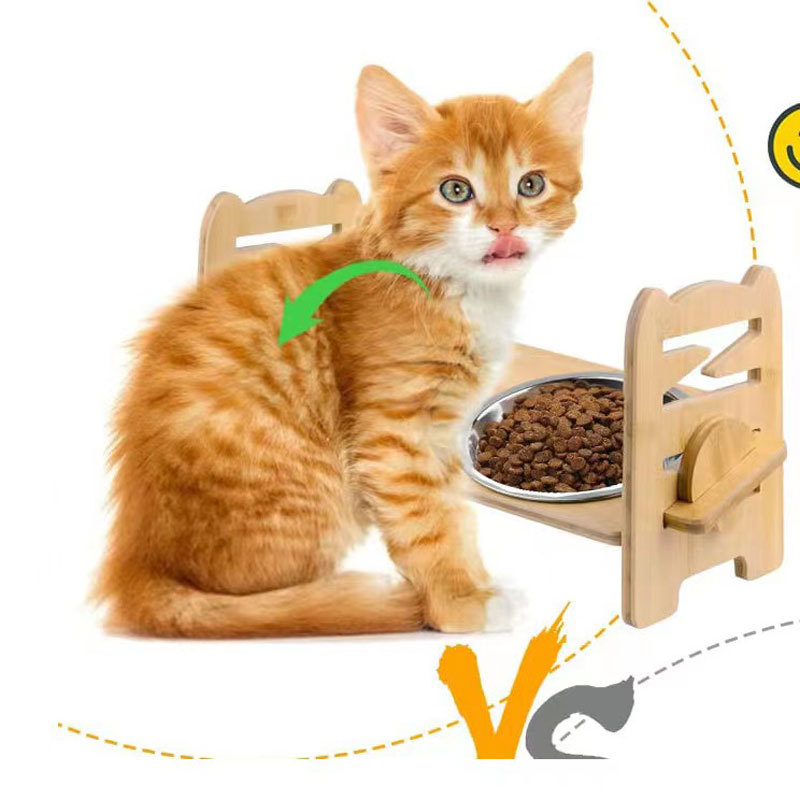 Gato creativo de madera tazón mesa de comedor estante de bambú para mascotas tazón estante de acero inoxidable perro tazón madera mascota gato alimentación rack