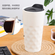 厂家批发隔热礼品杯子套装马克杯带硅胶盖创意无把双层陶瓷杯定制