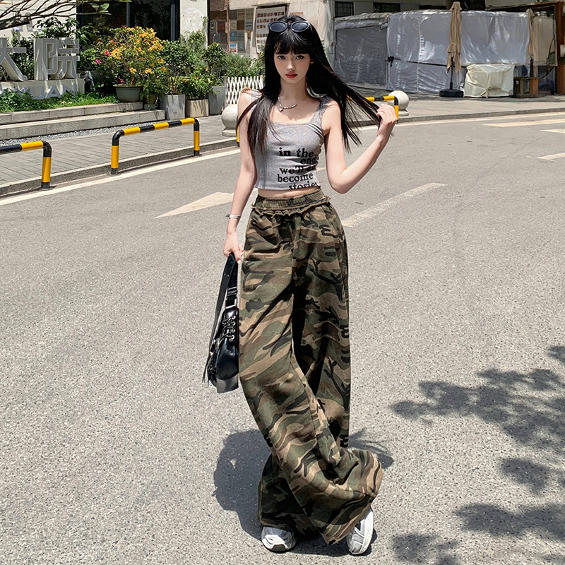 美式松紧腰复古迷彩裂纹印花休闲卫裤遛弯裤长裤&加长
