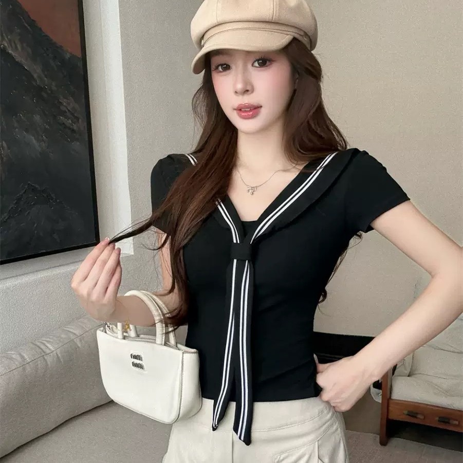 5167 ¿ nueva camiseta de manga corta con tirantes de hombro de viento dulce en verano mujeres delgadas y delgadas blusas con almohadilla para el pecho image 4