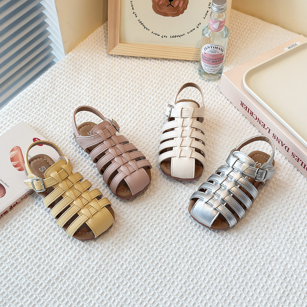 Sandalias romanas tejidas caladas para niñas, estilo coreano, suela blanda, novedad de verano 2026, para combinar con vestidos, zapatos de playa