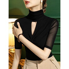 黑色高领网纱打底衫女秋季新款镂空性感雪纺衫五分袖半袖上衣舞蹈