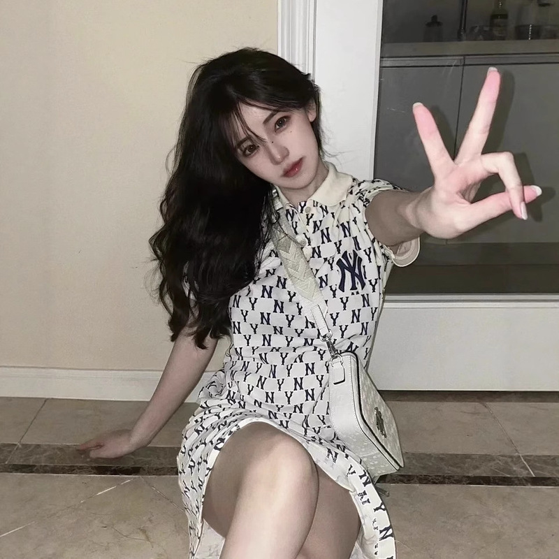 2025Ss Korean Trendy Brand Spring and Summer Ny Full-Print Presbyopic Polo Collar Casual Versatile Lapel Long Dress for Women