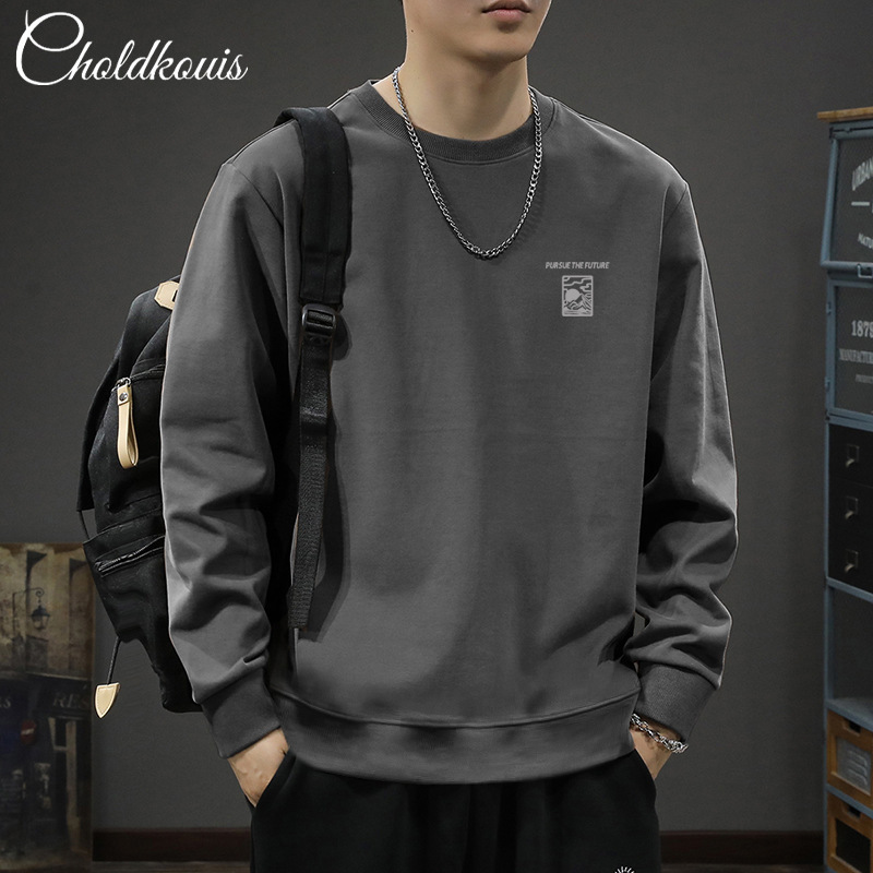 Japanese Style Simple Cotton Sweatshirt Men's Round Neck Loose Plus Fat Plus Size Fat Sports Top Black Versatile Hoodie