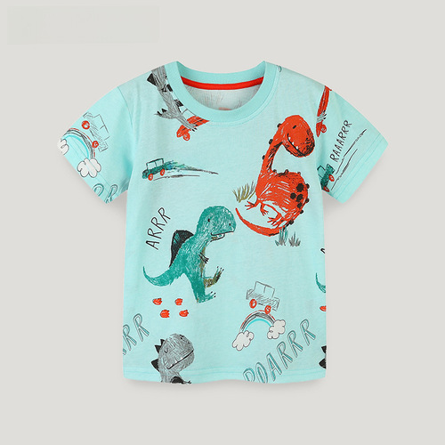 European and American Style Children's Summer  New Boys' Knit Cotton T-Shirt with Cartoon Dinosaur Print Short Sleeve T-Shirt