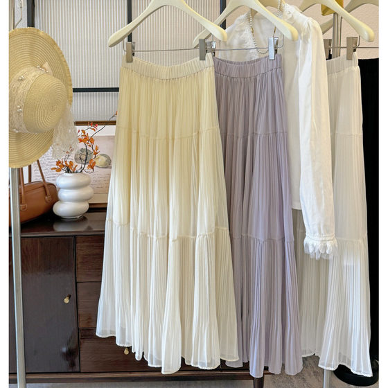 French Retro Elegant Romantic Super Fairy Pleated High Waist Skirt Long Umbrella Skirt Slim-fit Large Swing Chiffon Skirt