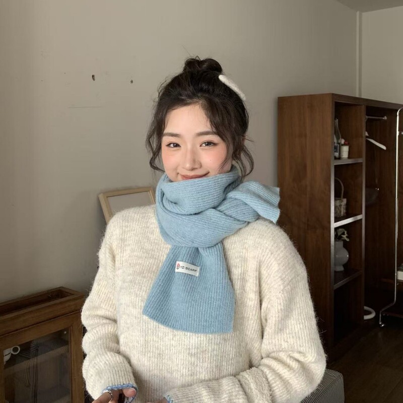 韩国软糯针织毛线蓝色小围巾冬季女高级感小巧围脖冬加厚保暖护颈|undefined