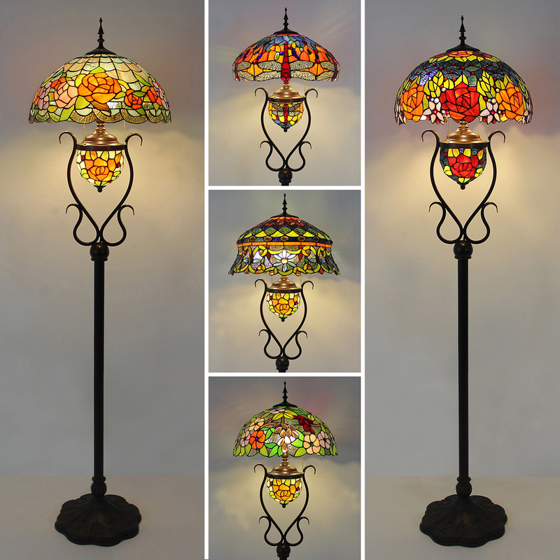 American Retro Tiffany Stained Glass Floor Lamp Living Room Sofa Next to High-End Hotel Restaurant Cafe Lamp