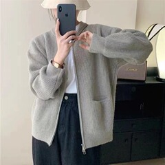 ダブルジッパー無地デザインセーターカーディガン レディース 2025春秋新作 韓国風ゆったりカジュアルニットセーター