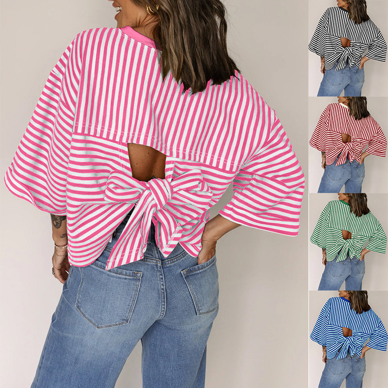 European and American Cross-Border Amazon 2026 New Women's Round Neck Stripesd Back Lace-Up Bow Pullover Knitted Top European and American Cross-Border Amazon 2026 New Women's Round Neck Stripesd Back Lace-Up Bow Pullover Knitted Top
