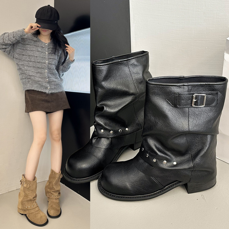 Sulfide Stud Belt Buckle Pleated Slouch Boots for Women 2025 New European and American Fashion Thick-Soled Short Boots Slim Ankle Boots Trendy Sulfide Stud Belt Buckle Pleated Slouch Boots for Women 2025 New European and American Fashion Thick-Soled Short Boots Slim Ankle Boots Trendy