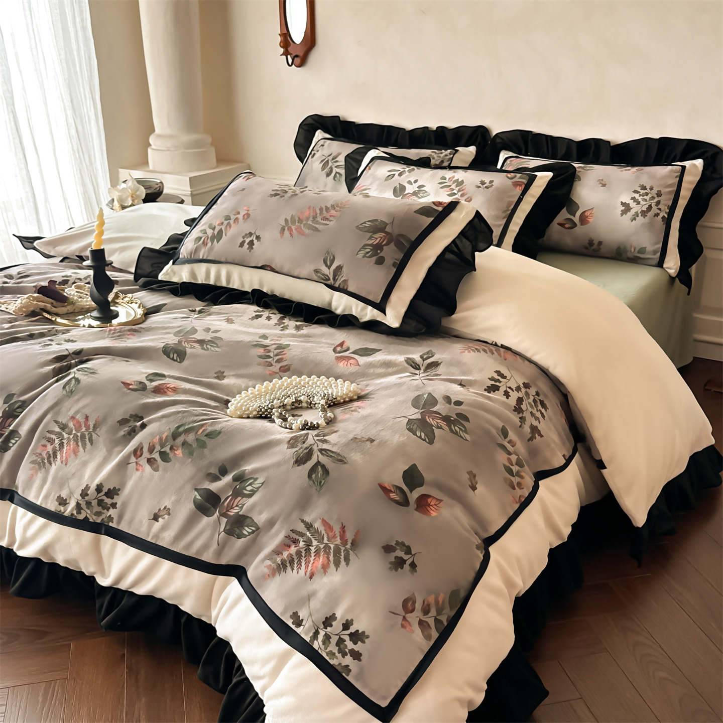 Set di lenzuola e copripiumino in velluto di latte con volant e pizzo, foderato in pile, stile nordico francese vintage boho 2026, per camera da letto principale._voghion.com