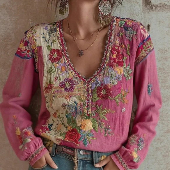 Vintage Pink Floral Embroidery Art Print Round Neck Long Sleeve Blended T-Shirt Shirt Ethnic Style Loose Fit