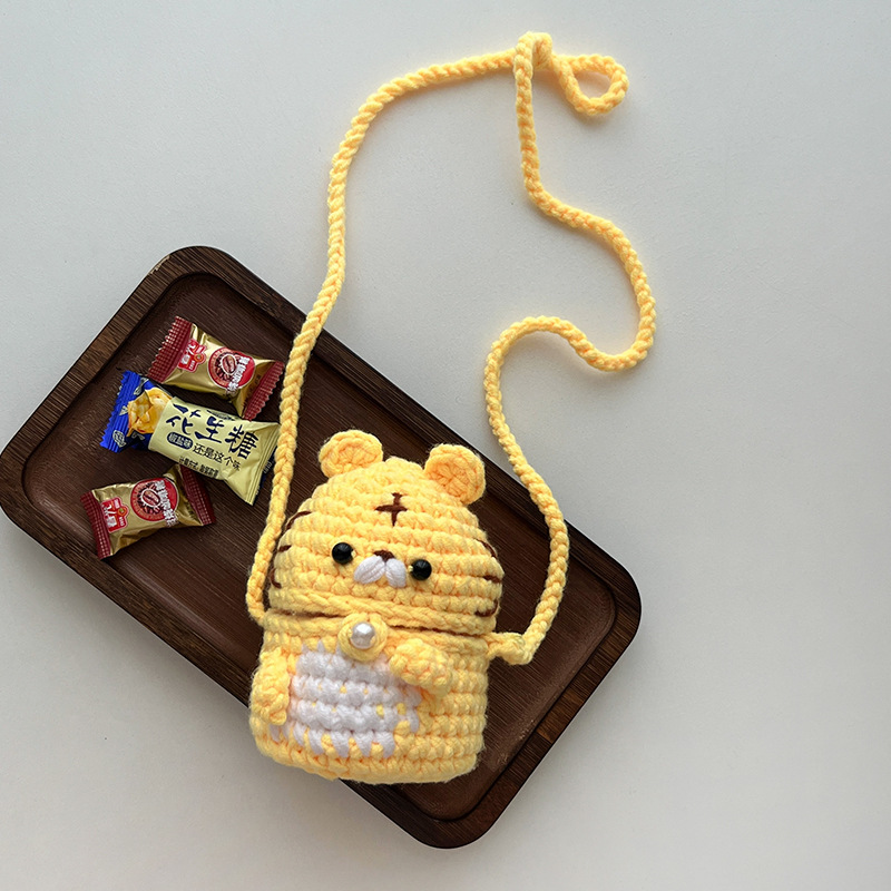 Kindergarten bolsa de los niños lindo niño lana tejida bolsa de mensajero de la muchacha tejida a mano del tigre monedero